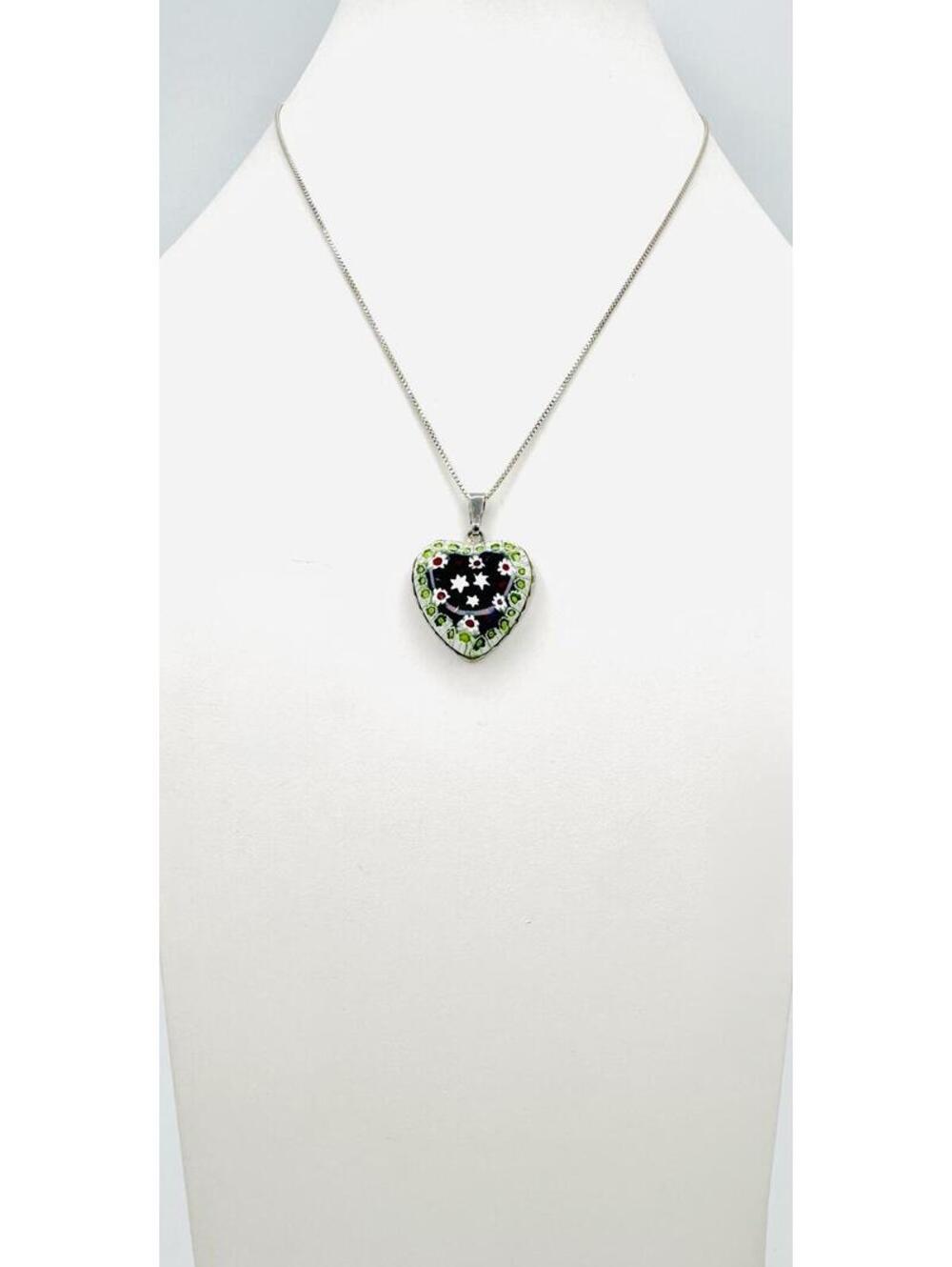 Sterling silver Millefiori blue glass w/ yellow & white flowers heart necklace